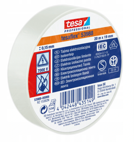 TAŚMA ELEKTROIZOLACYJNA 19X20 BIAŁA 5000V PCV 53988-00066-00 TESA